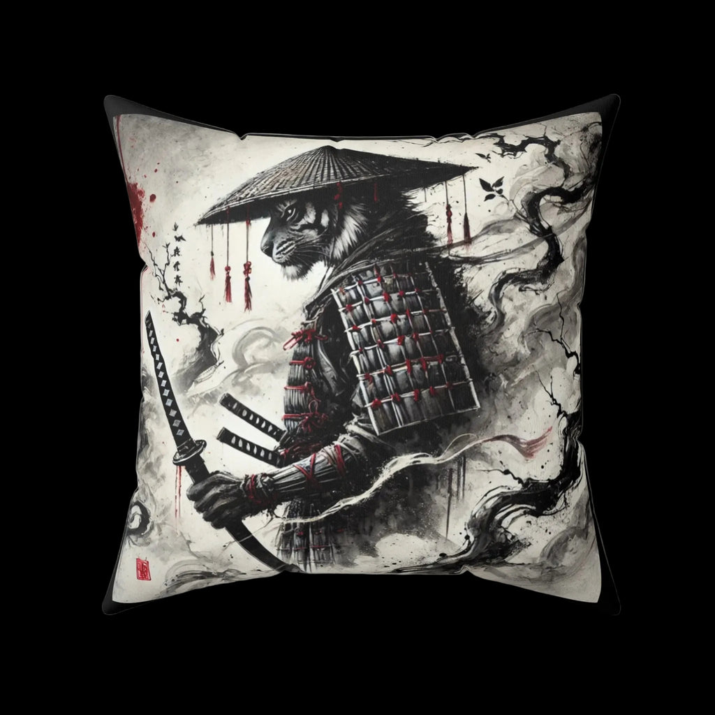 Samurai Tiger pillow featuring Japanese art design, decorative cushion for home decor, by Printify, Chaos Kitten Emporium.