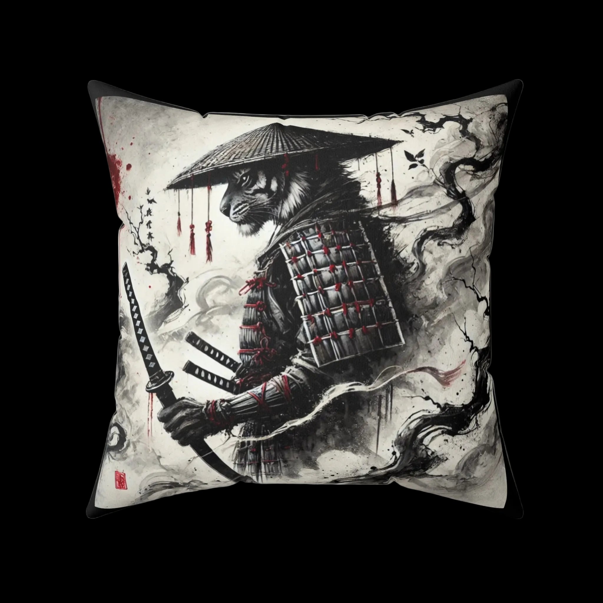 Samurai Tiger pillow featuring Japanese art design, decorative cushion for home decor, by Printify, Chaos Kitten Emporium.
