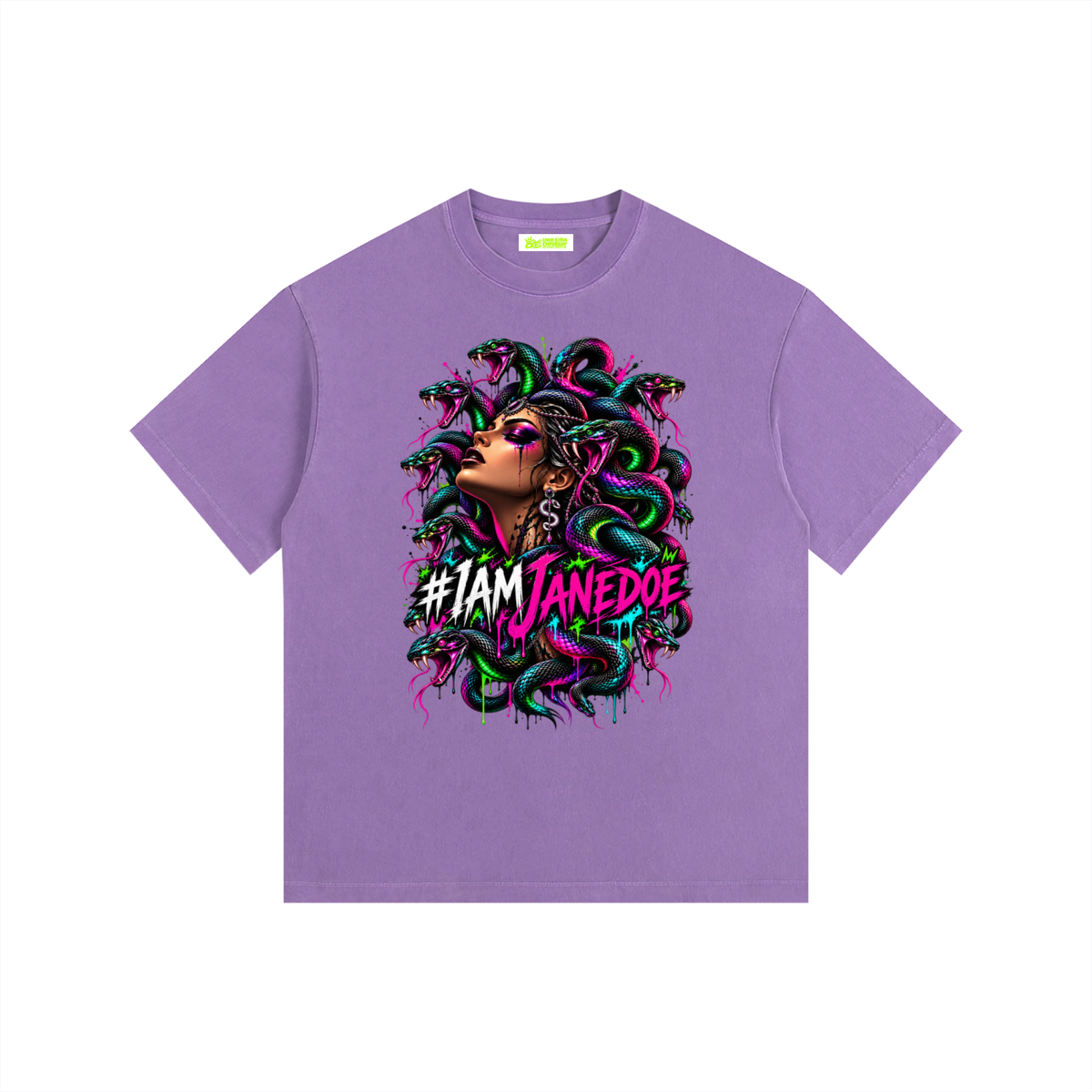 IAmJaneDoe,MedusaGraphicTee,GothicStreetwear,CyberGrungeClothing,AlternativeFashion,OversizedGraphicTee,VintageWashedShirt,NeonMedusa,DarkAesthetic,WomensGraphicTee,MythologyShirt,WearableArt,Apparel,CKE,ChaosKittenEmporium
