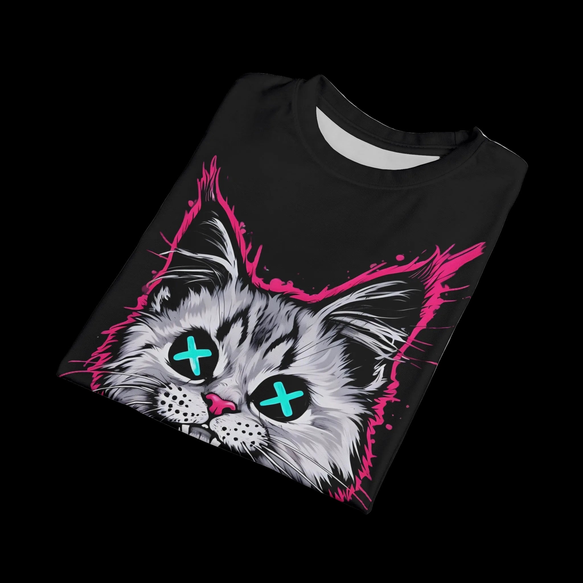 All over print graffiti grunge cat graphic T-shirt from Chaos Kitten Emporium, featuring edgy gothic artwork on a casual tee.