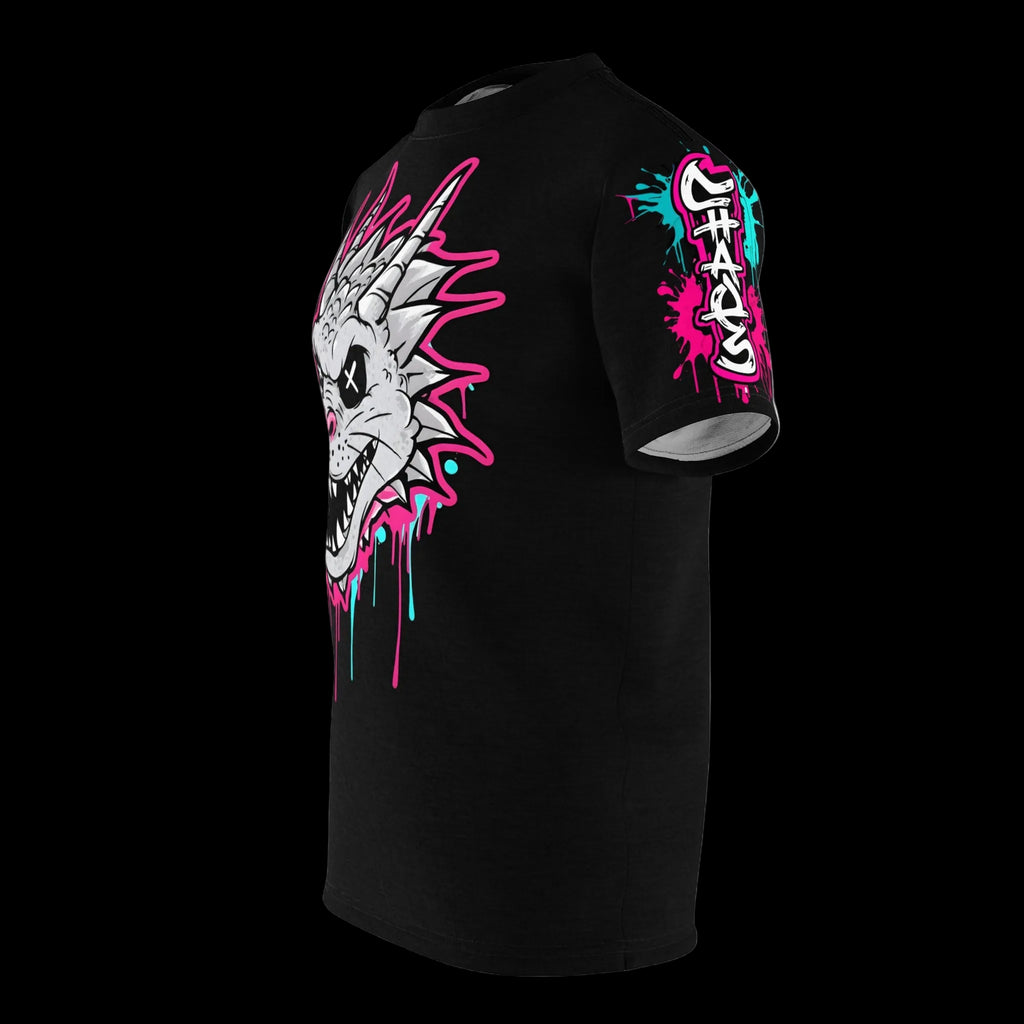 All-over print graffiti grunge dragon graphic tee from Chaos Kitten Emporium featuring gothic dragon artwork by Printify.