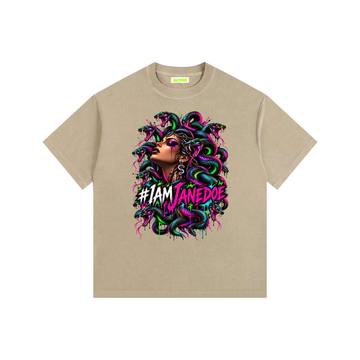 IAmJaneDoe,MedusaGraphicTee,GothicStreetwear,CyberGrungeClothing,AlternativeFashion,OversizedGraphicTee,VintageWashedShirt,NeonMedusa,DarkAesthetic,WomensGraphicTee,MythologyShirt,WearableArt,Apparel,CKE,ChaosKittenEmporium