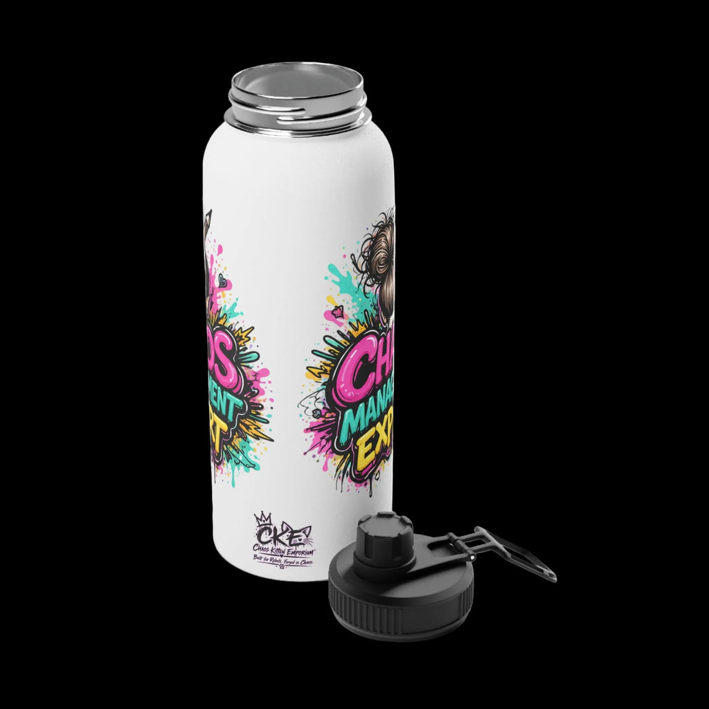 a white bottle with colorful text on it