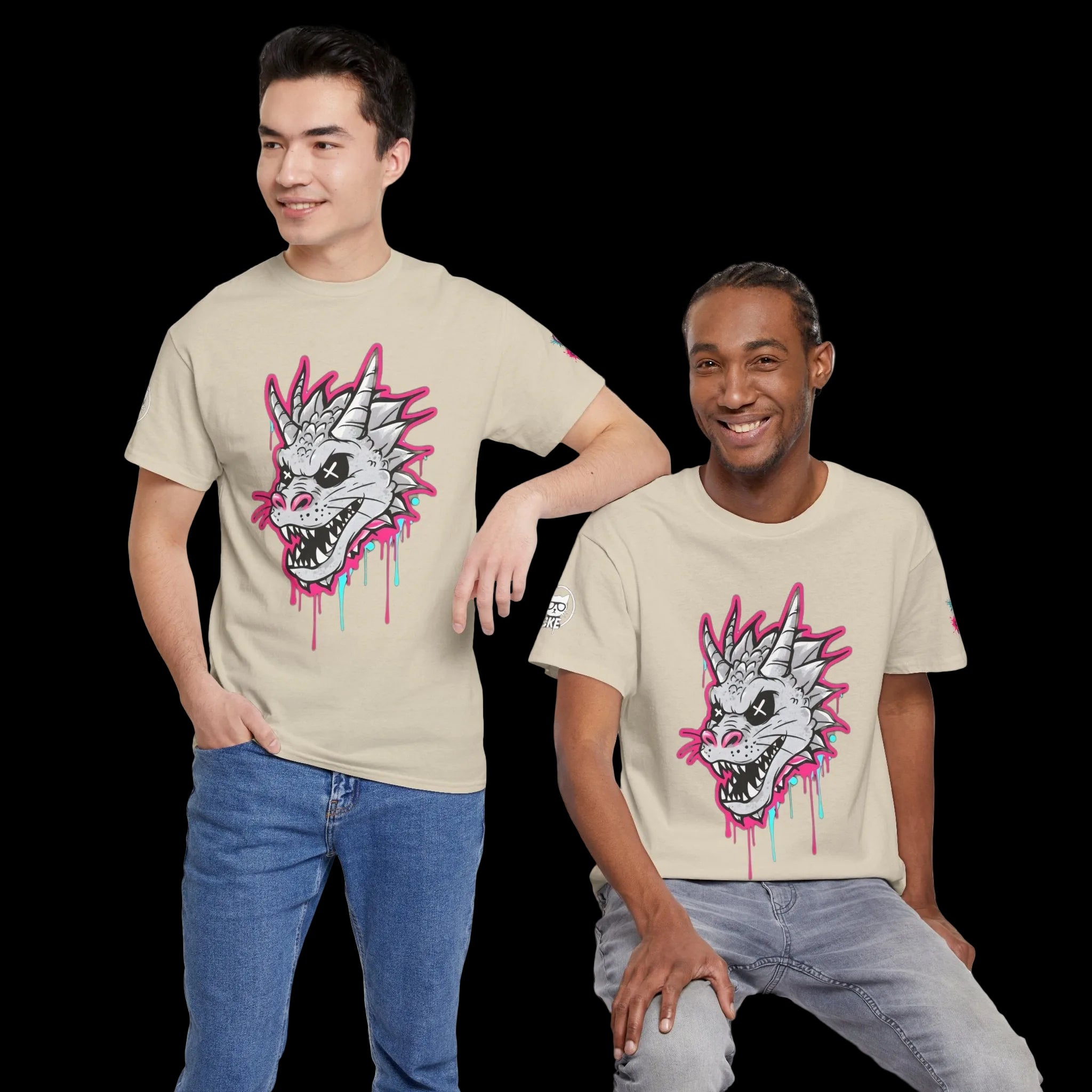Two individuals wearing a light-colored t-shirt featuring a bold dragon skull graphic with electric pink and cyan paint drips.