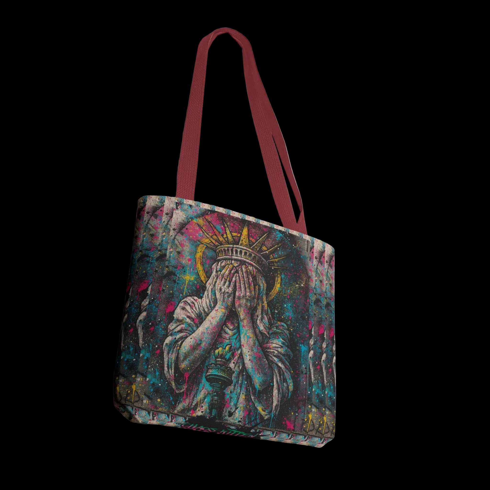 Graffiti-inspired tote bag featuring a vibrant Lady Liberty design, perfect for carrying essentials with attitude.