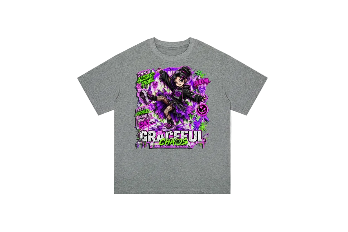 a grey t-shirt with a cartoon character on it