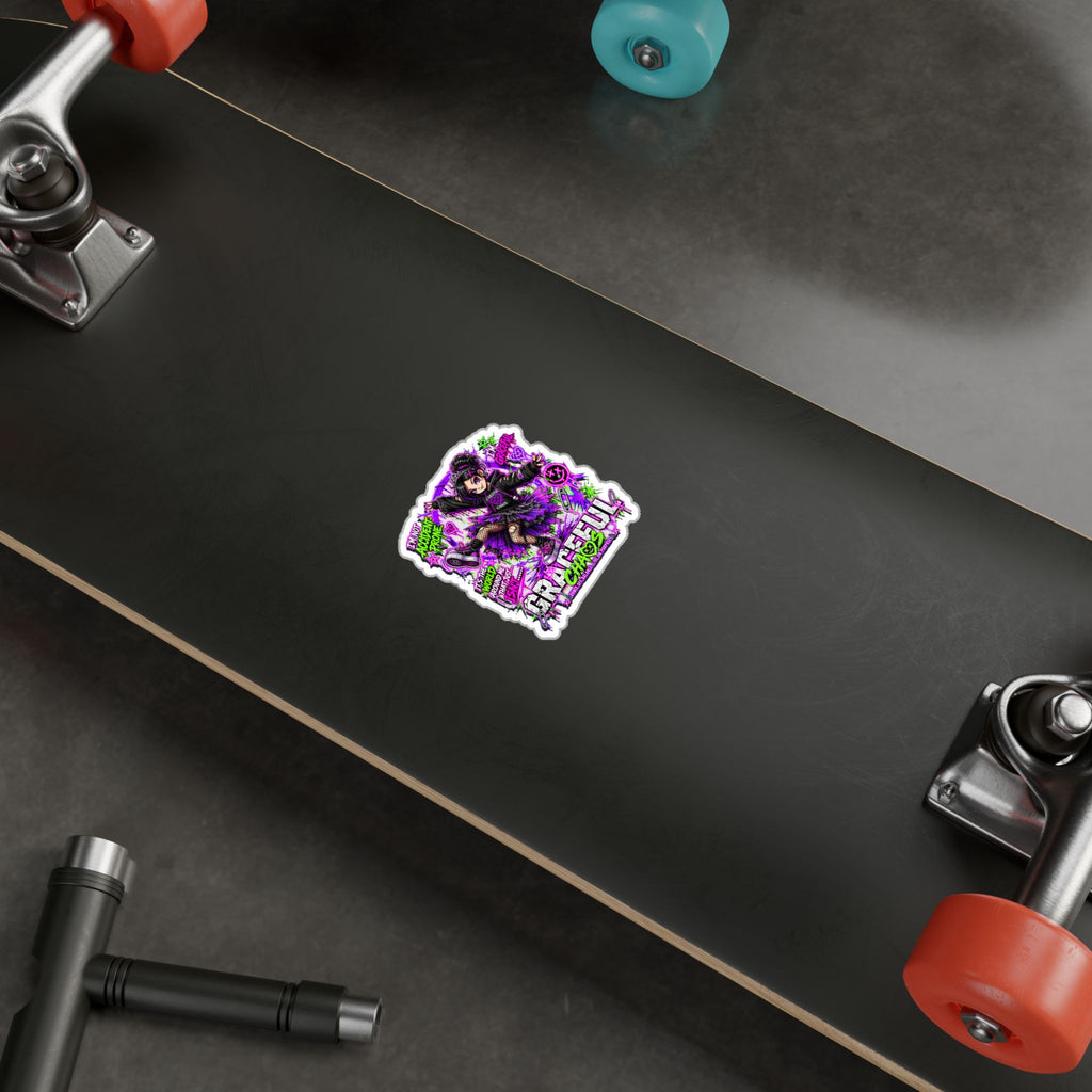 a skateboard with wheels and a sticker on it