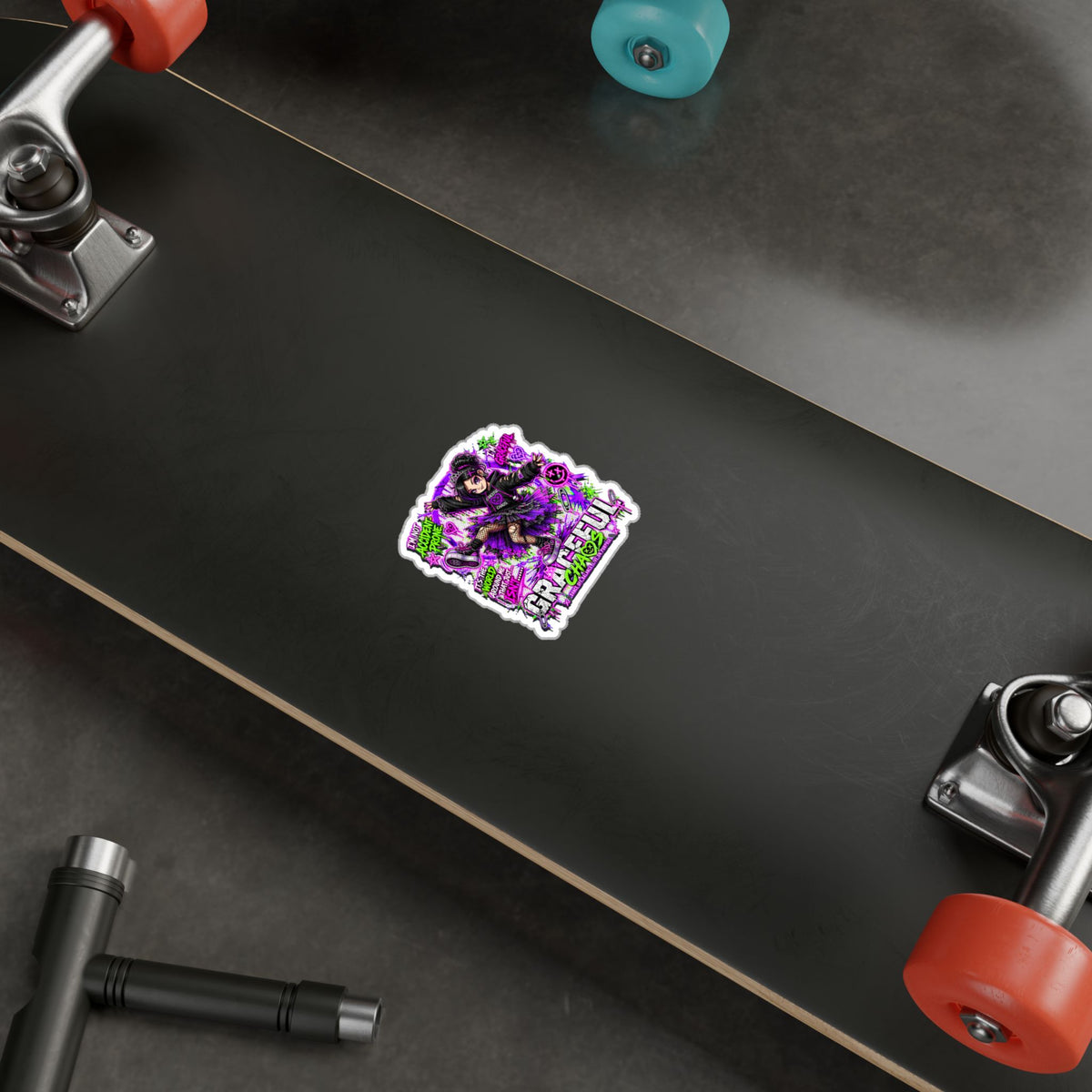 a skateboard with wheels and a sticker on it