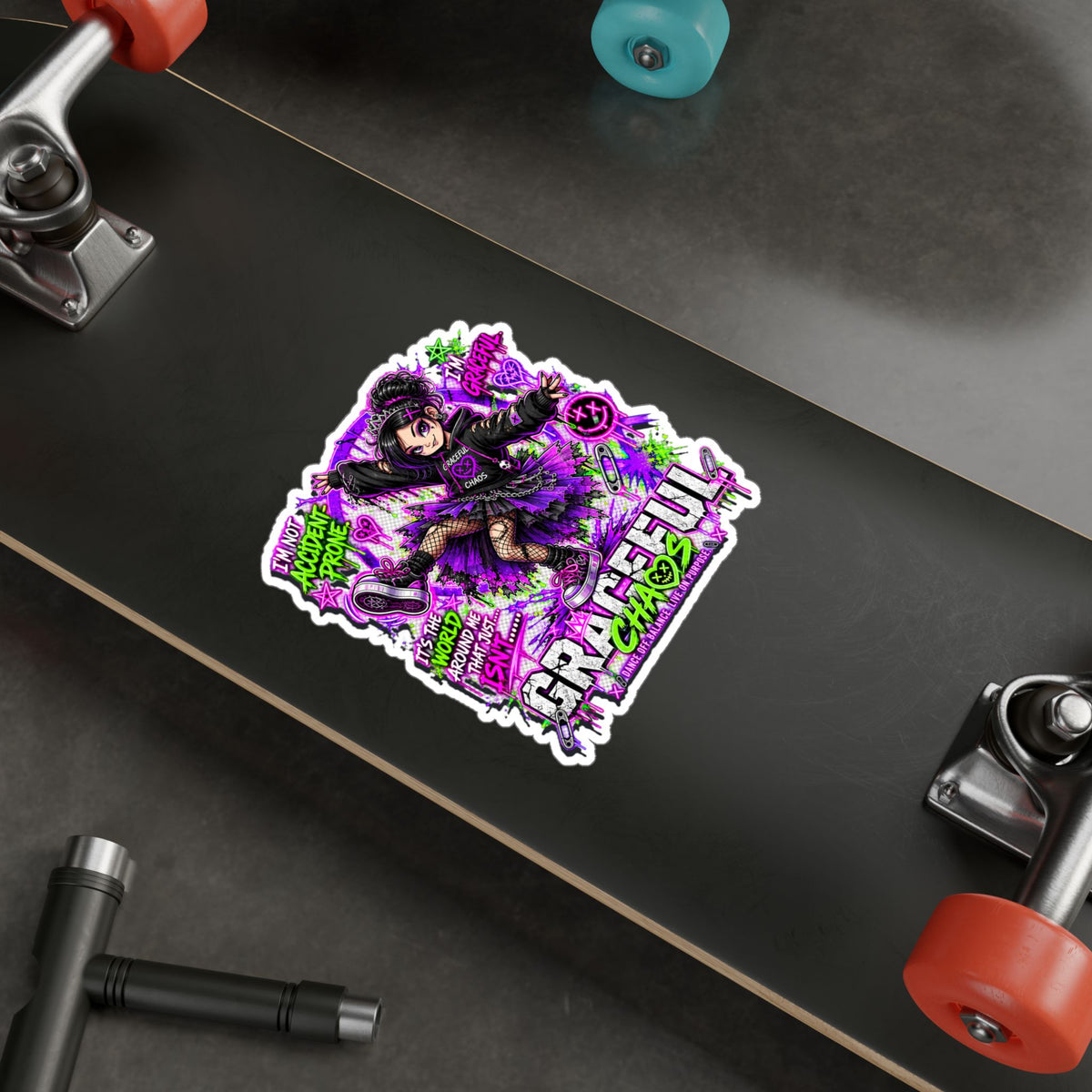 a skateboard with a sticker on it