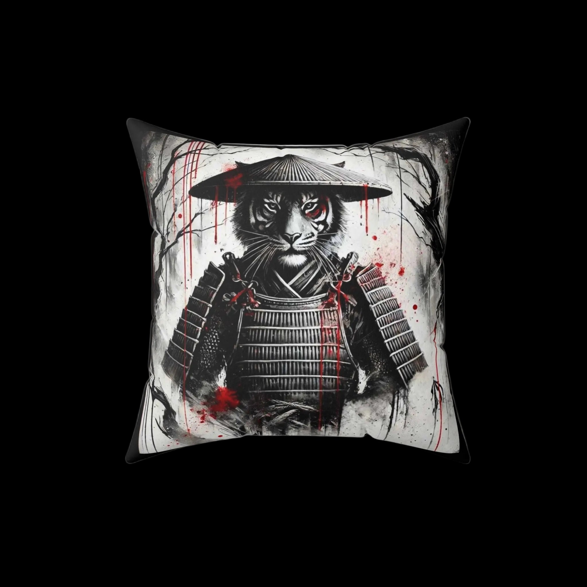 Samurai Tiger throw pillow featuring a bold tiger design, perfect for home decor, by Printify for Chaos Kitten Emporium®