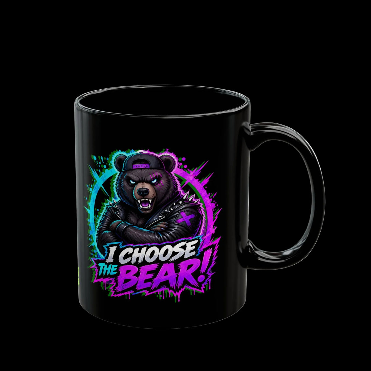 a black mug with a bear on it