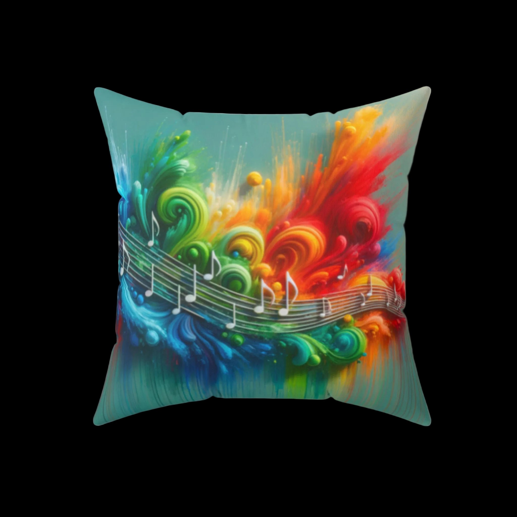 Vibrant pillow featuring an explosion of rainbow colors and flowing musical notes, perfect for adding personality to any space.