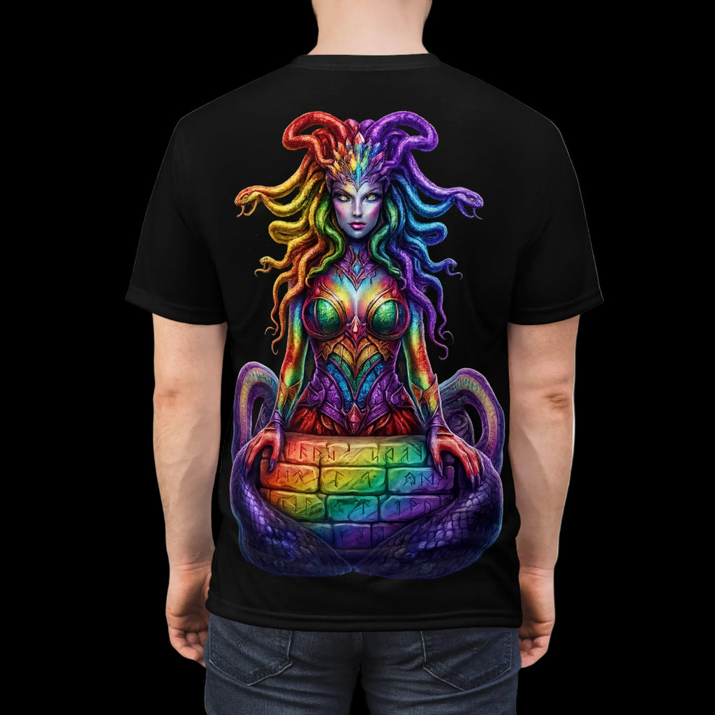 Black t-shirt featuring a Medusa graphic with a rainbow mane of snakes and stonework background.