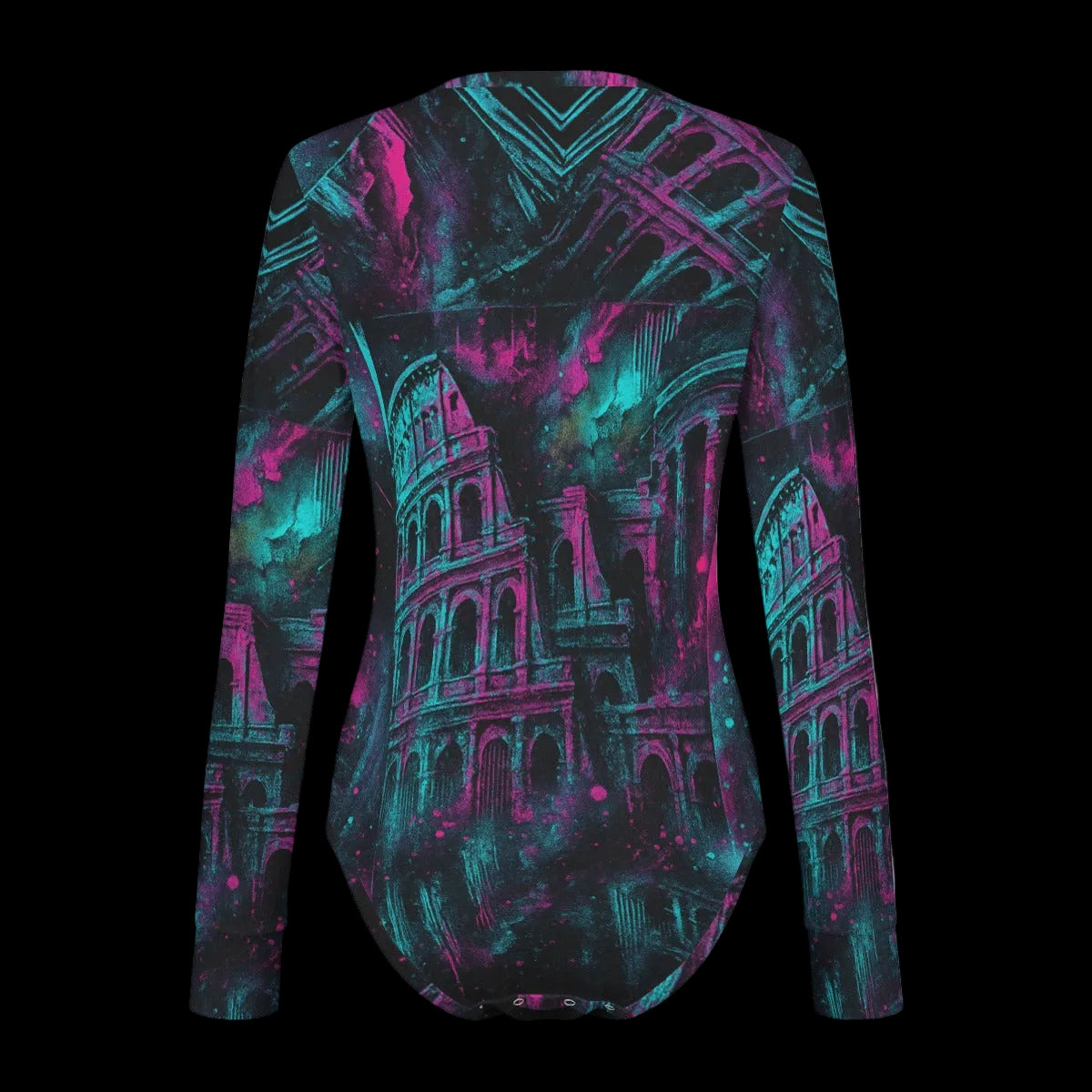 Long-sleeve top with Colosseum design in teal and pink on a white background