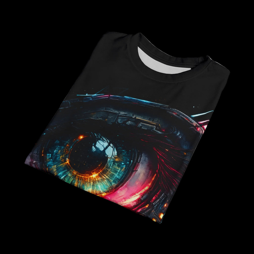 Black t-shirt with a colorful eye design folded.