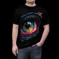 Black t-shirt with a colorful eye design worn by a person on a white background