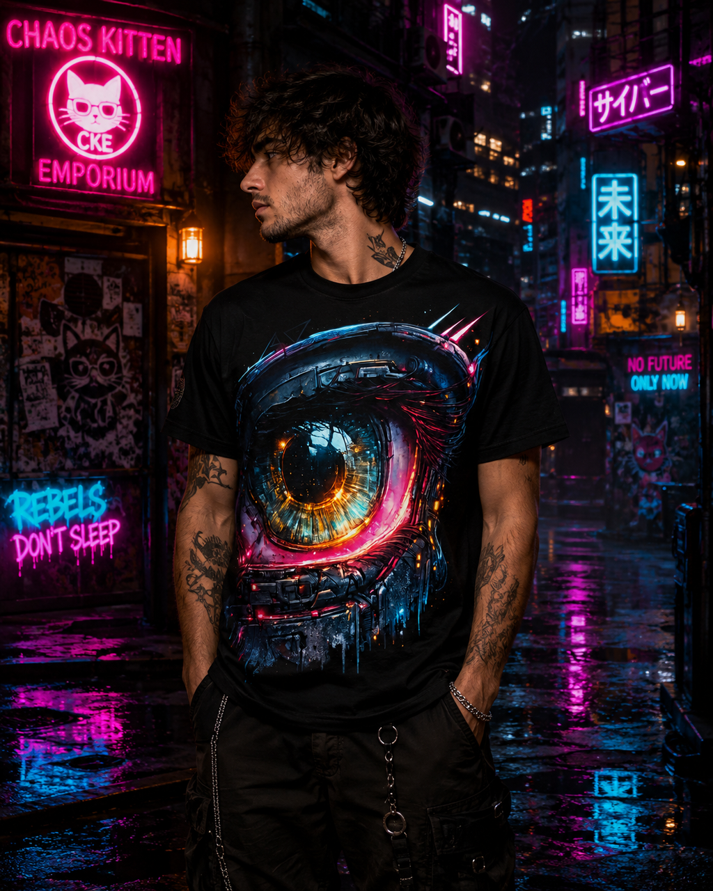 Person wearing a black t-shirt with a colorful eye design in a neon-lit urban setting.