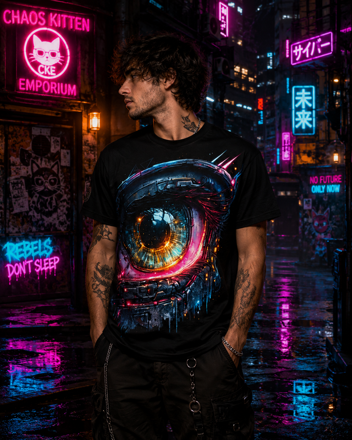 Person wearing a black t-shirt with a colorful eye design in a neon-lit urban setting.