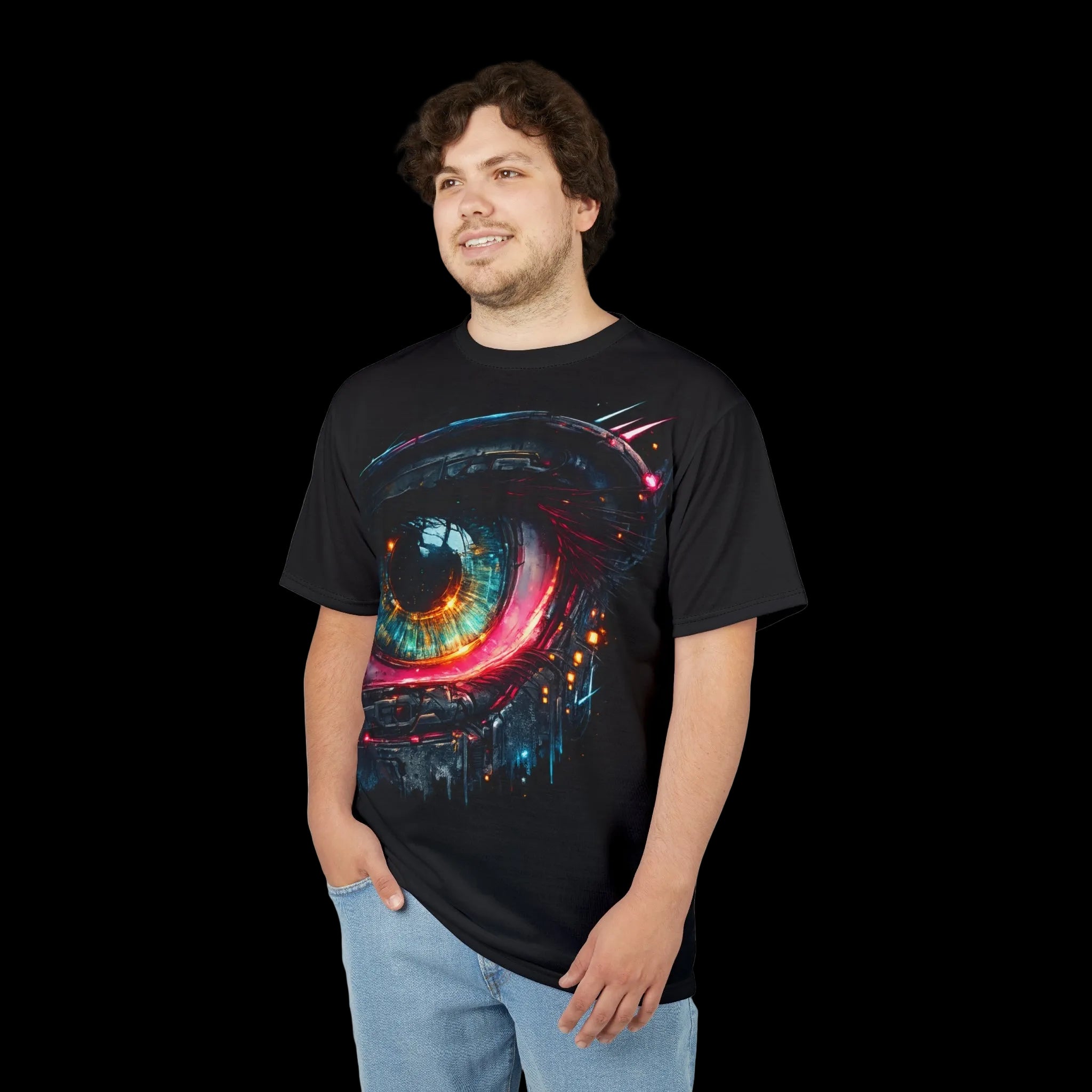 Person wearing a black t-shirt with a colorful eye design on a white background