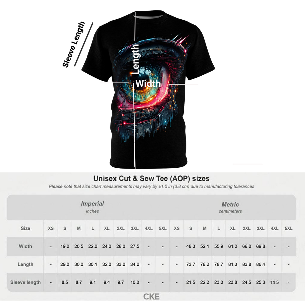 Black t-shirt with a colorful design and measurement chart on a white background