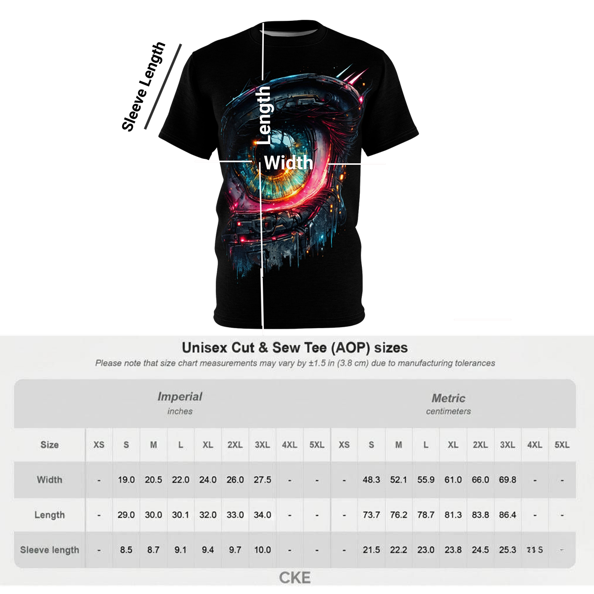 Black t-shirt with a colorful design and measurement chart on a white background