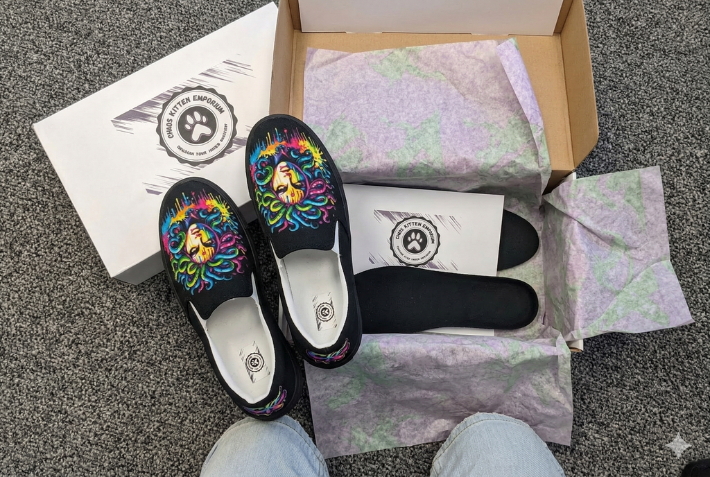 Colorful Medusa slip-on shoes with Chaos Kitten Emporium logo on a box and packaging.