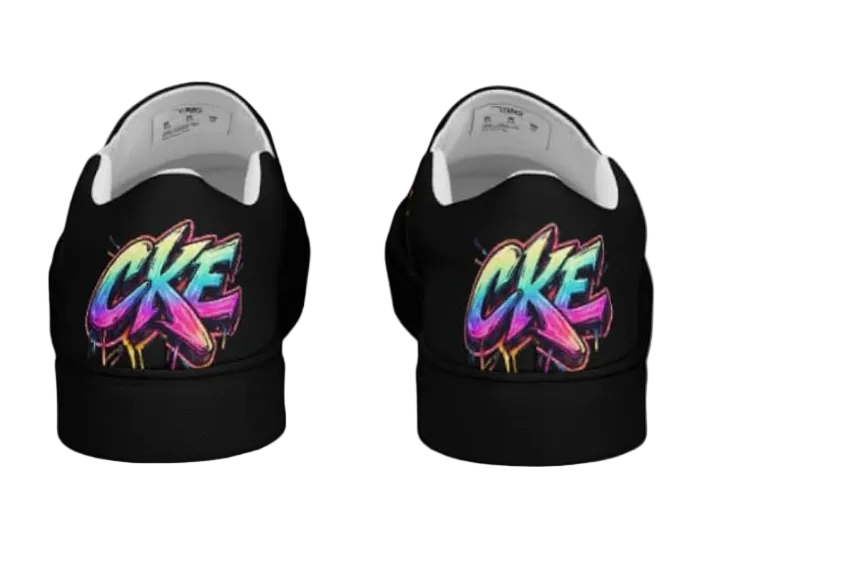 Black Slip on Shoes with colorful 'CKE' design  Graffiti Streetwear. 
