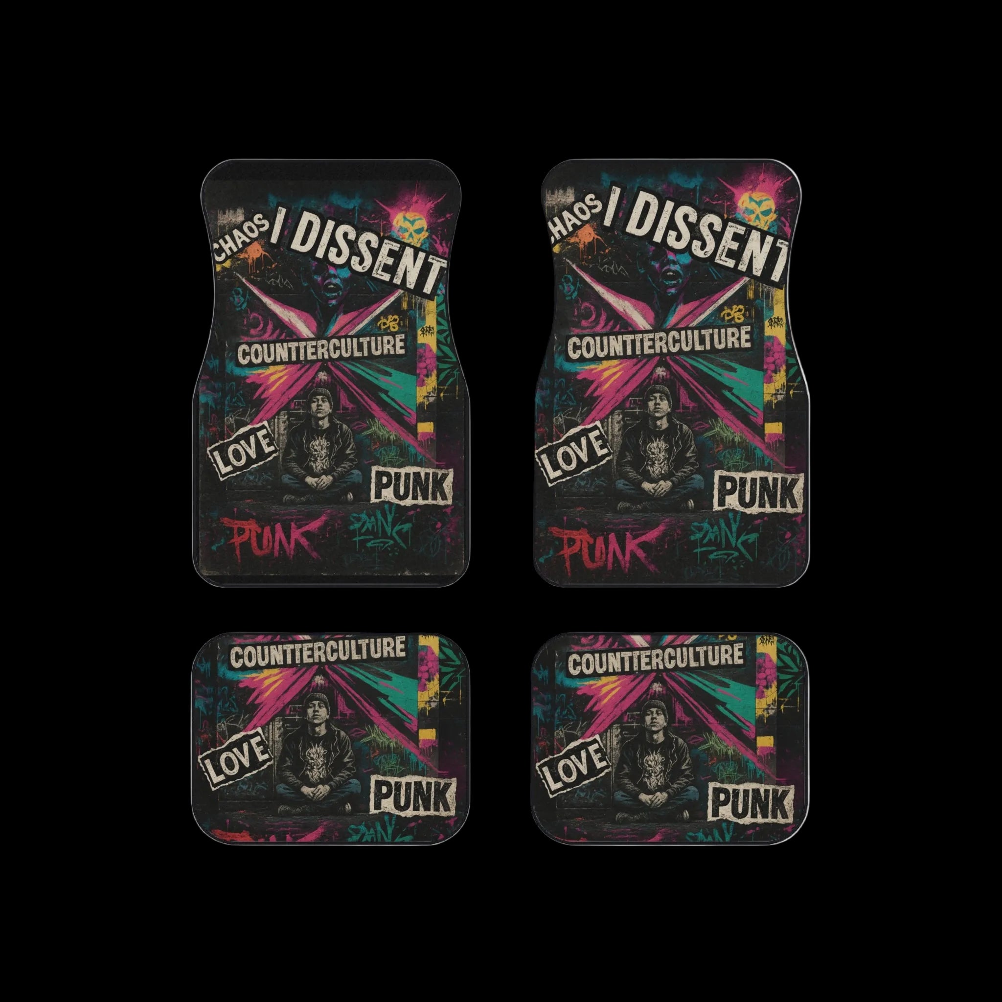 Gothic-style car mats featuring punk streetwear design, from Dissent Car Mats collection by Chaos Kitten Emporium, printed by Printify.