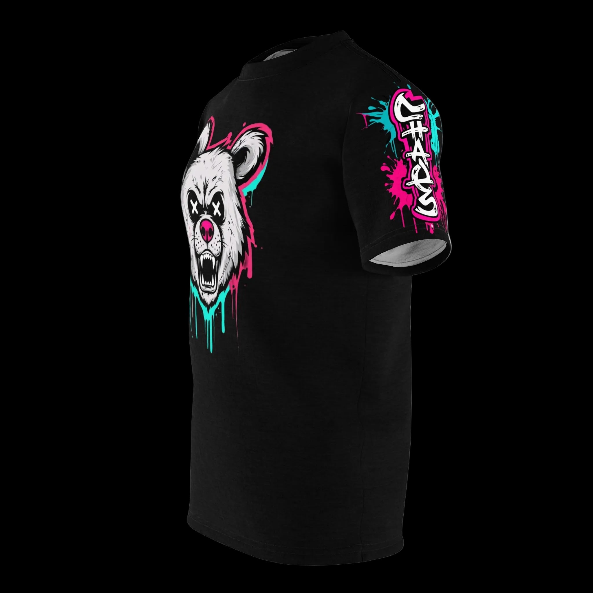 All-over print graffiti grunge bear graphic tee by Chaos Kitten Emporium, featuring bold, edgy streetwear design with gothic elements.