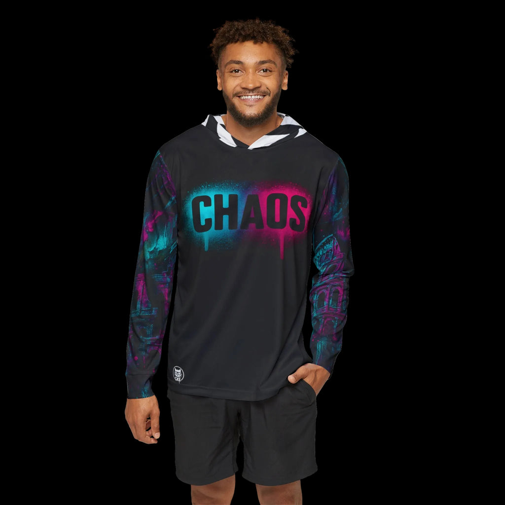 All-over print Neon Chaos Graphic Hoodie with graffiti design by Chaos Kitten Emporium®, showcasing vibrant, colorful urban artwork.