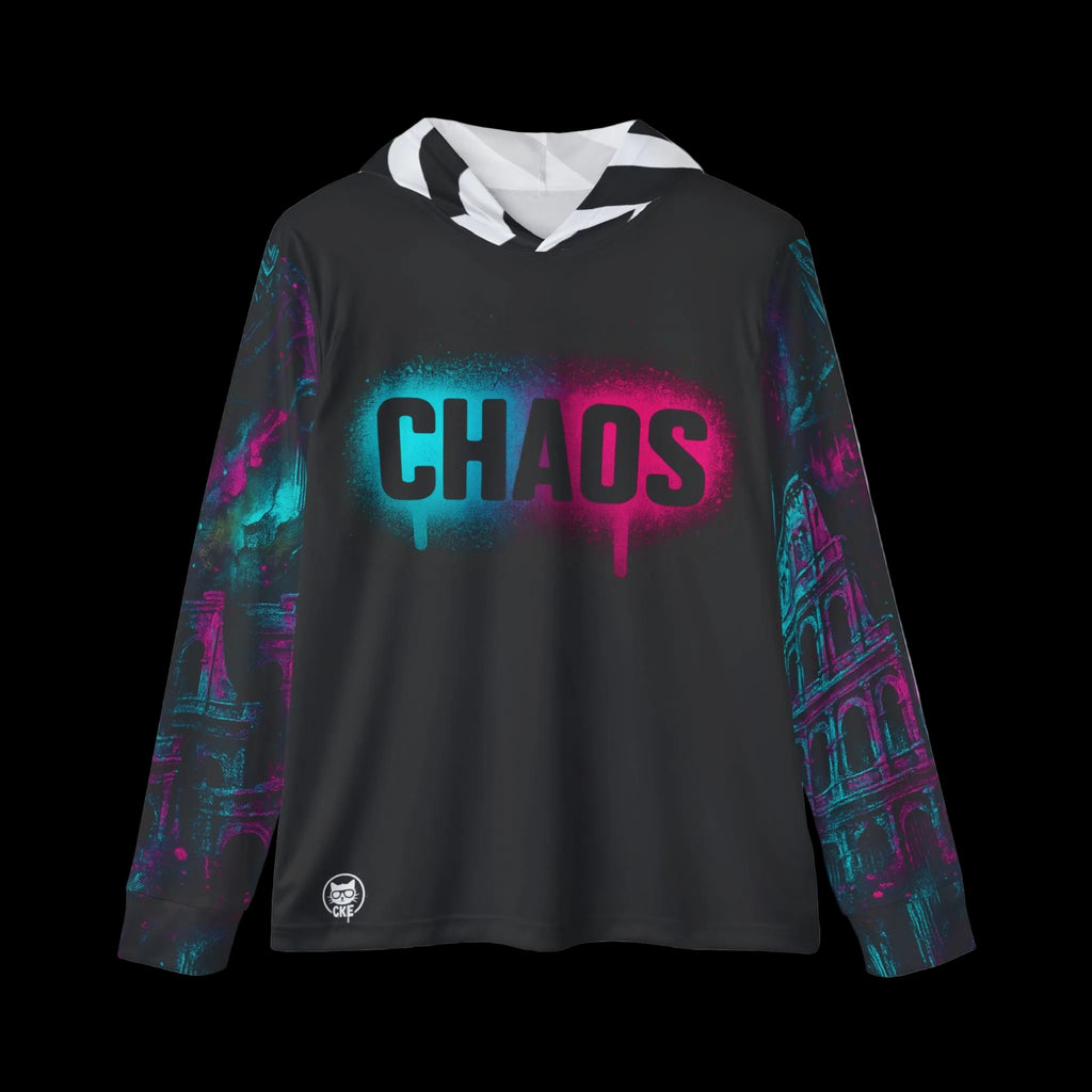 Neon Chaos Graphic Hoodie by Chaos Kitten Emporium® with all-over print featuring Roman colosseum and vibrant neon design.