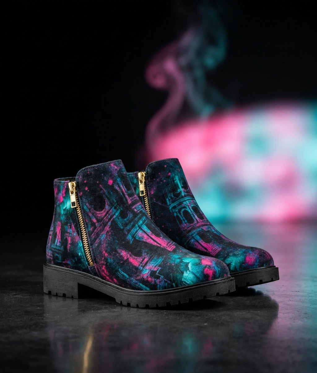 Colorful boots with abstract design on a dark surface with a blurred colorful background