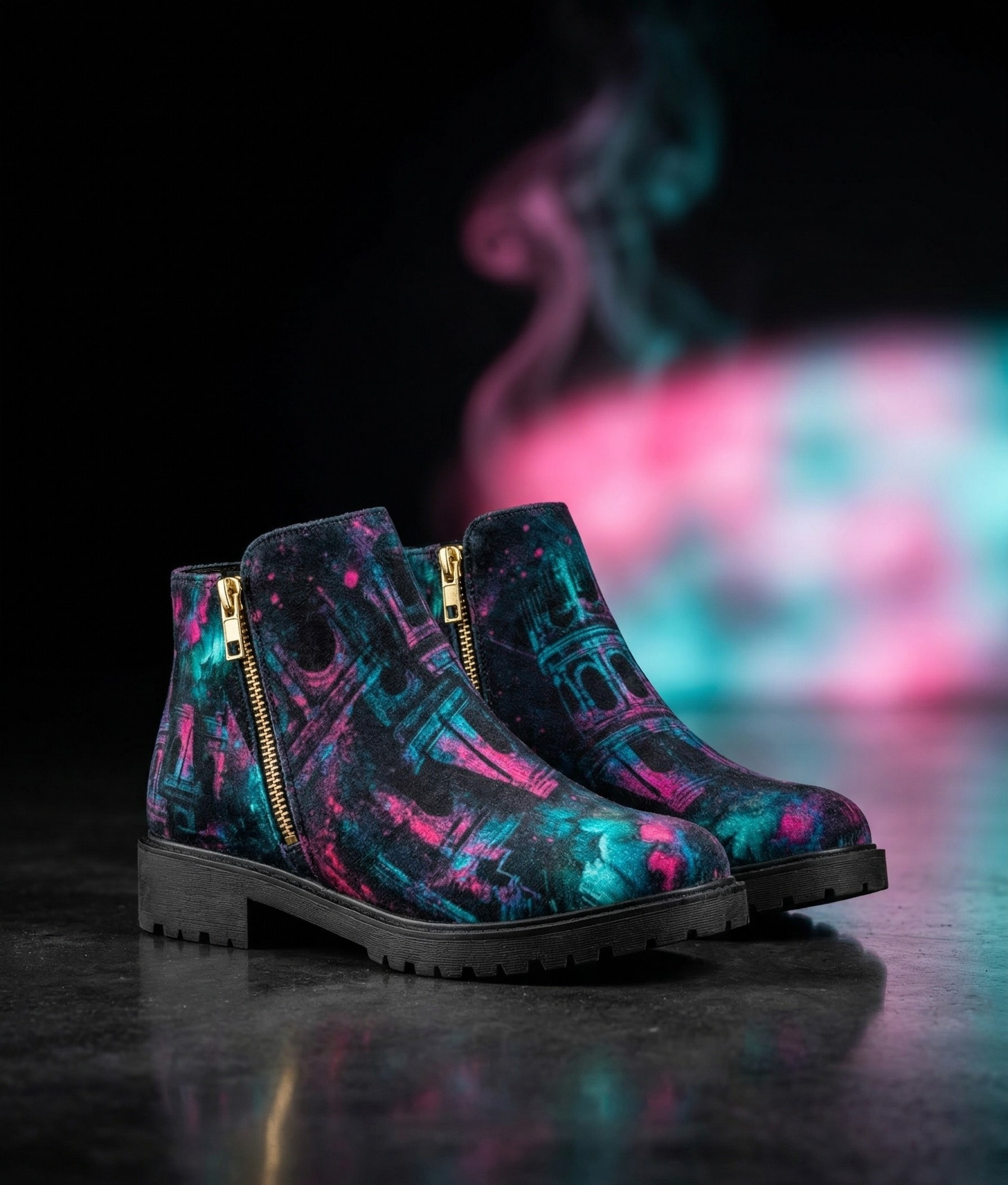 Colorful boots with abstract design on a dark surface with a blurred colorful background