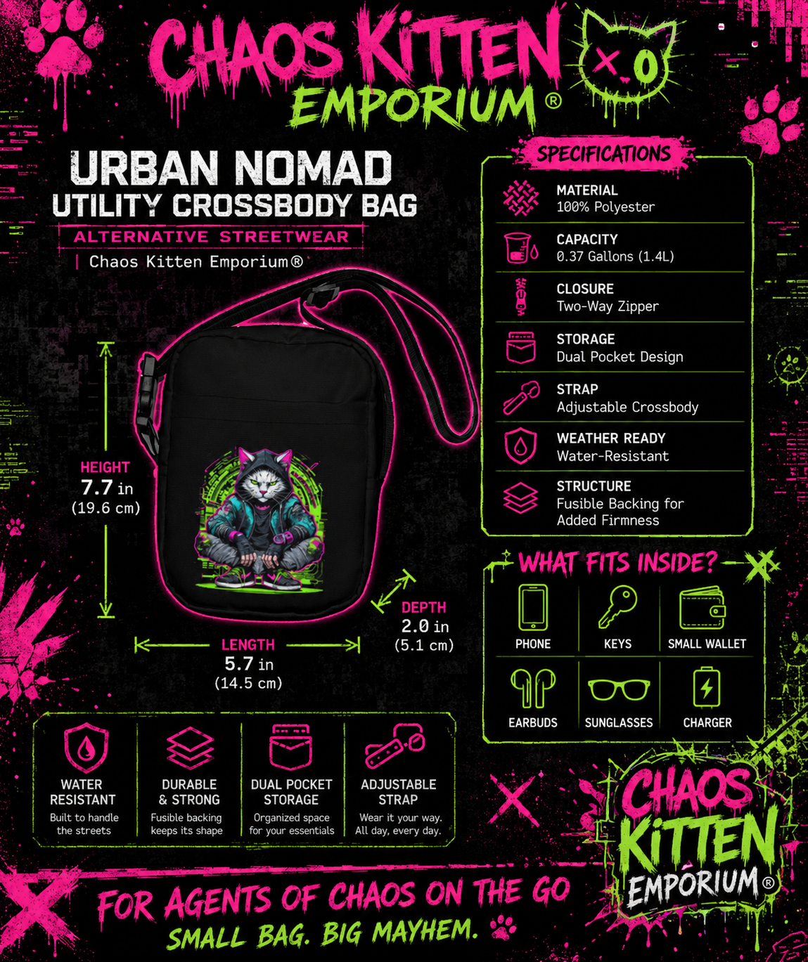 Urban Nomad Utility Crossbody Bag by Chaos Kitten Emporium featuring durable fabric, multiple compartments, and a stylish streetwear design.