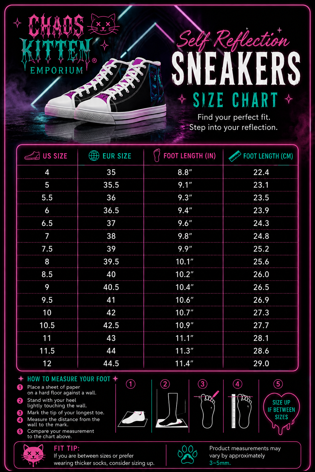 High-top canvas shoes featuring gothic artwork of a woman and a neon-lit mirror, with a black base and pink accents.