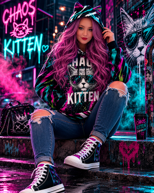 Cat-ear hoodie with vibrant graphic print, styled with colorful hair and distressed jeans against a neon graffiti background.