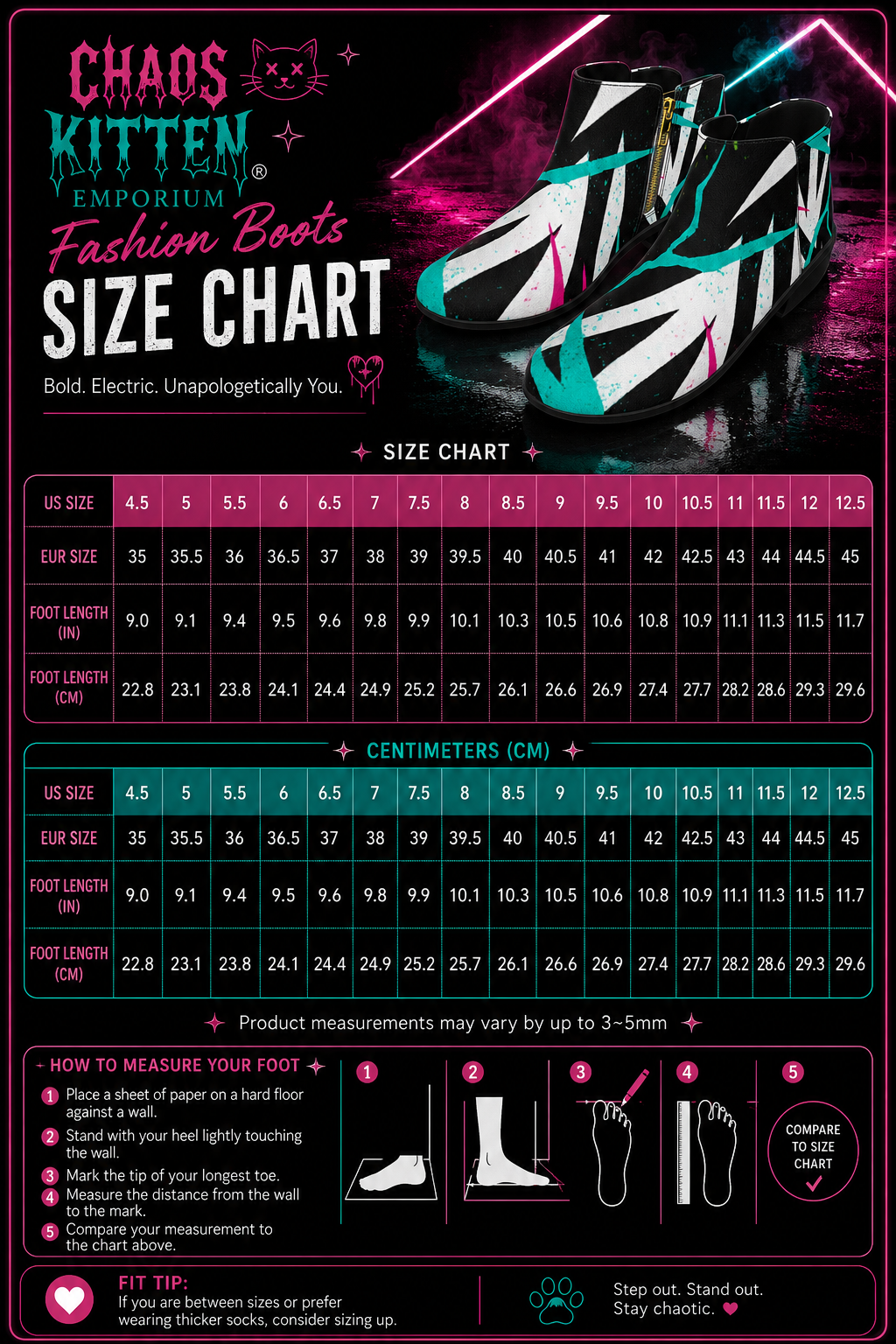 Colorful size chart for Neon Street-Strike Fashion Boots, showing US, EUR, and UK sizes with foot length measurements.