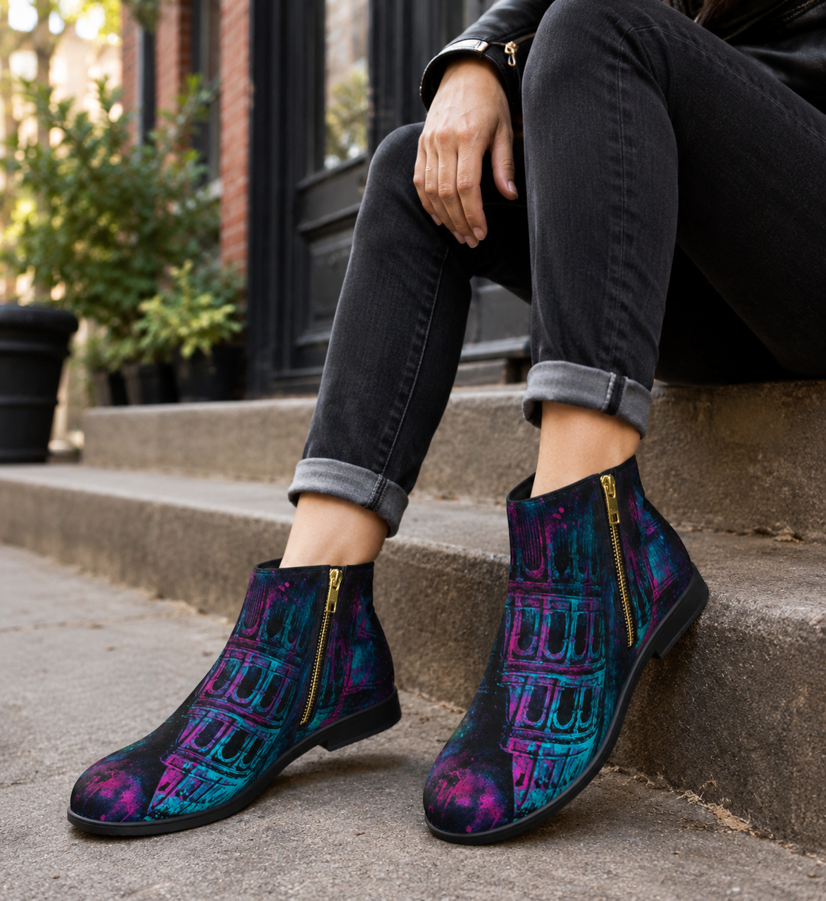 Colorful boots with electric teal and fluorescent pink graphic, featuring a sleek ankle design and zip closure.