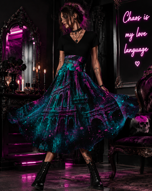 Yoycol Colosseum Neon Revolution V-neck midi dress featuring a vibrant neon design and stylish V-neck silhouette.