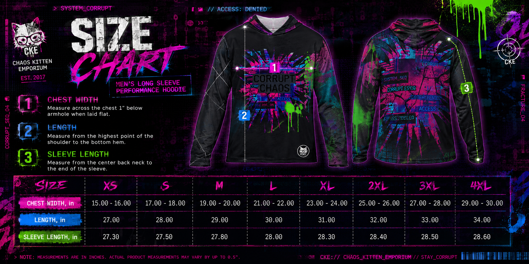 Colorful glitch-inspired graphic design on the Corrupt Chaos Warmup Hoodie with a size chart for XS to 3XL.