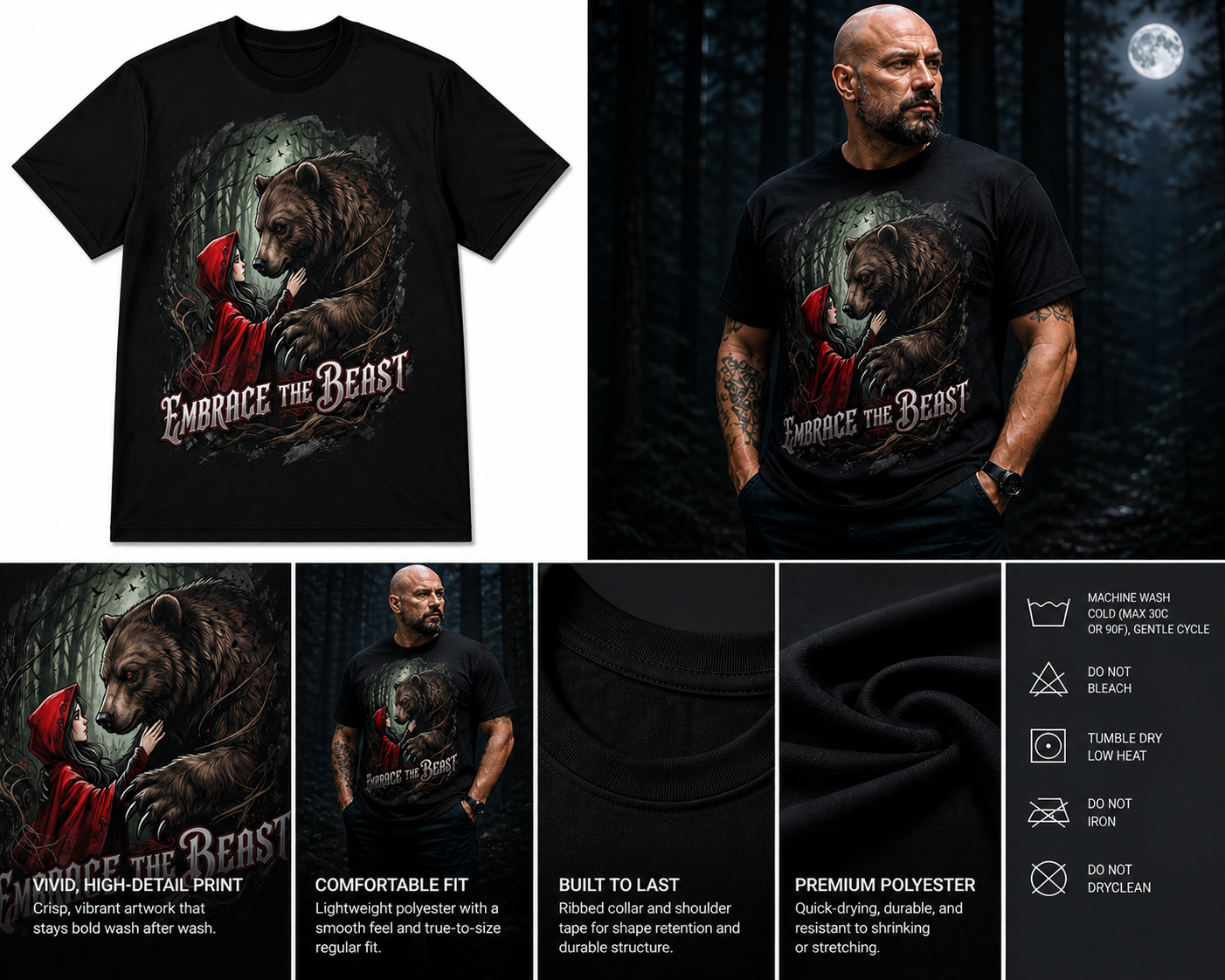 All-over print graphic T-shirt featuring dark fairytale and chaos kitten design, from Embrace The Beast streetwear collection.
