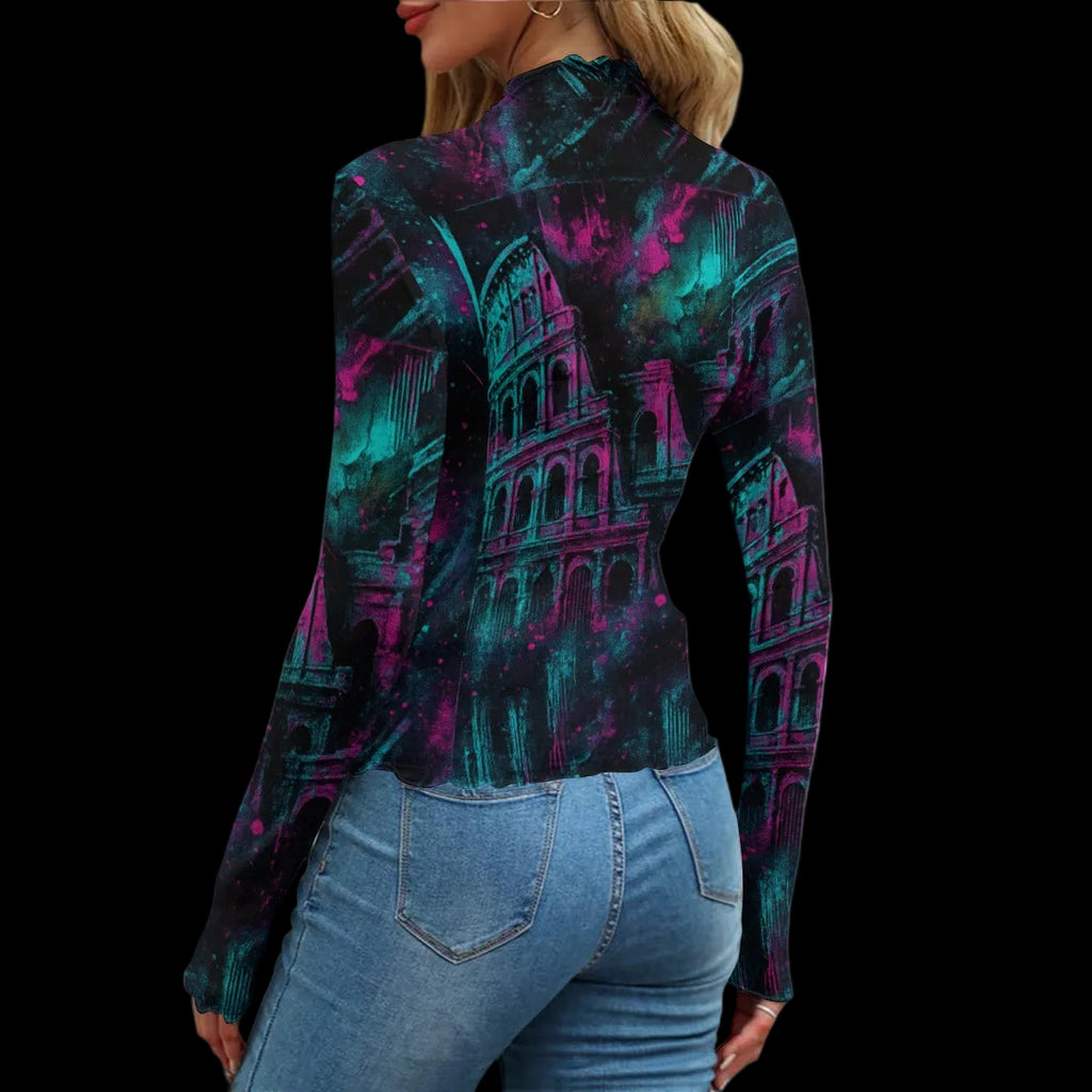 Woman wearing a long-sleeve top with a colorful architectural design of Rome Colosseum