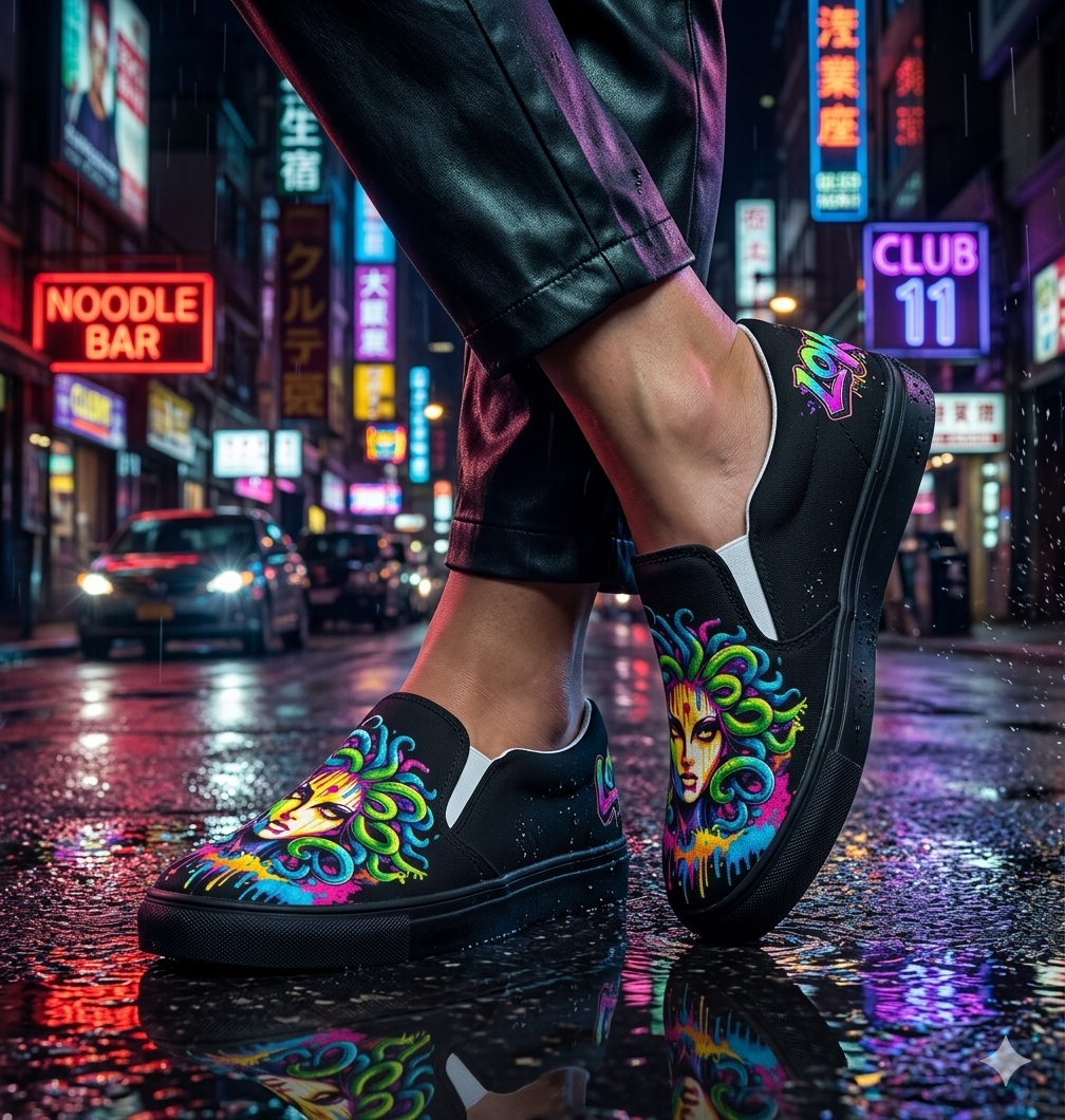 Neon Medusa Canvas Slip-On Shoes | Gothic Graphic Apparel | Chaos Kitten Emporium®
