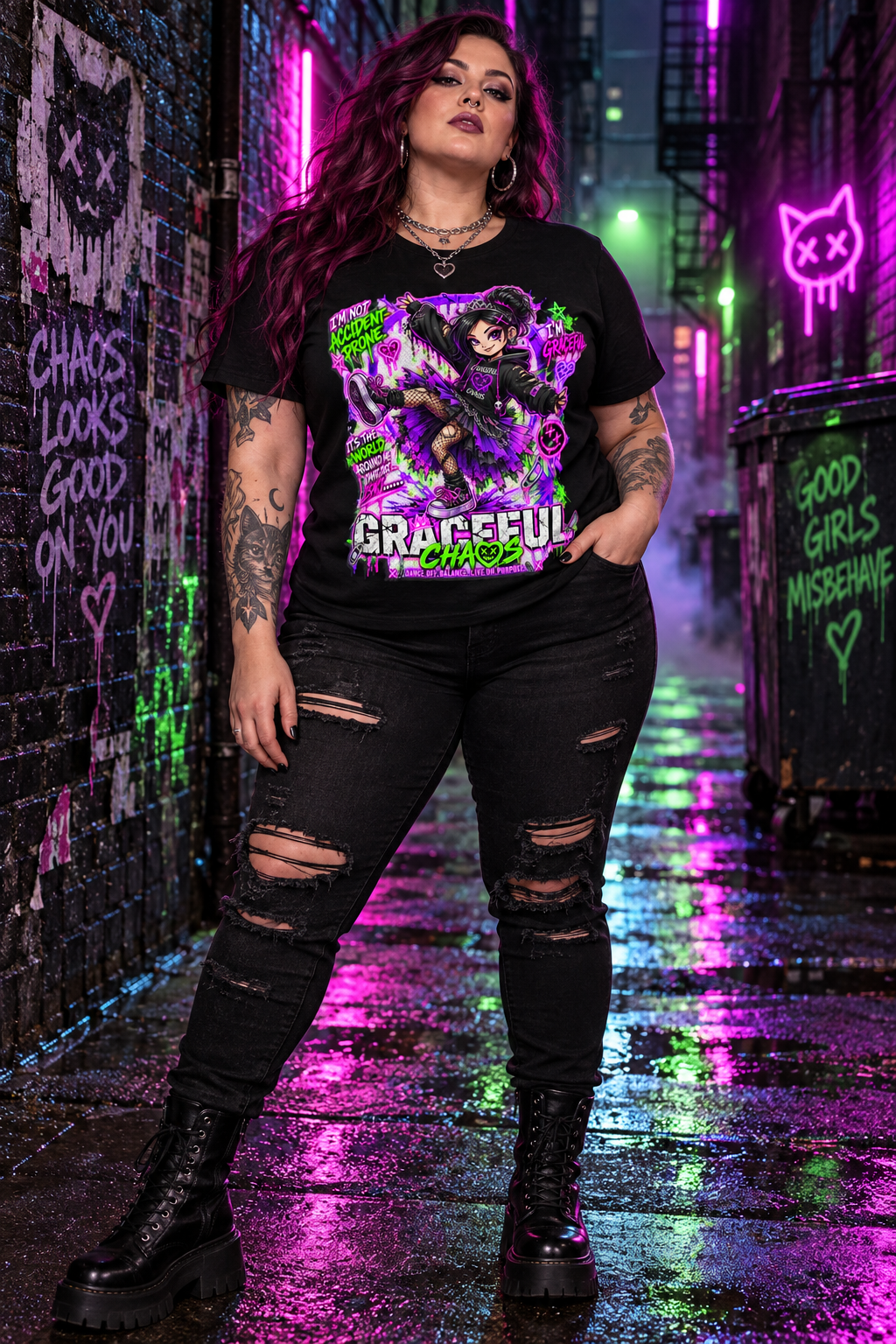 a woman standing in a hallway with neon lights