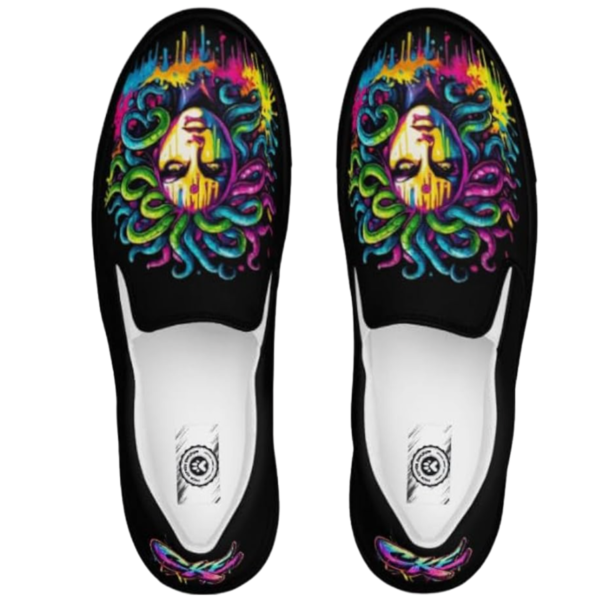 Black slip-on shoes with colorful Medusa abstract designs Graffiti paint Design