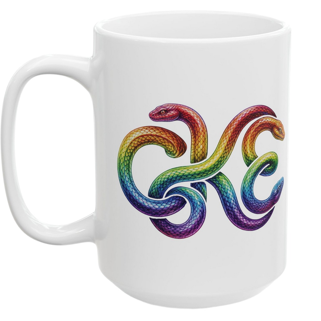 Colorful Rainbow Pride Medusa Ceramic Mug with vibrant serpent design and glossy finish.