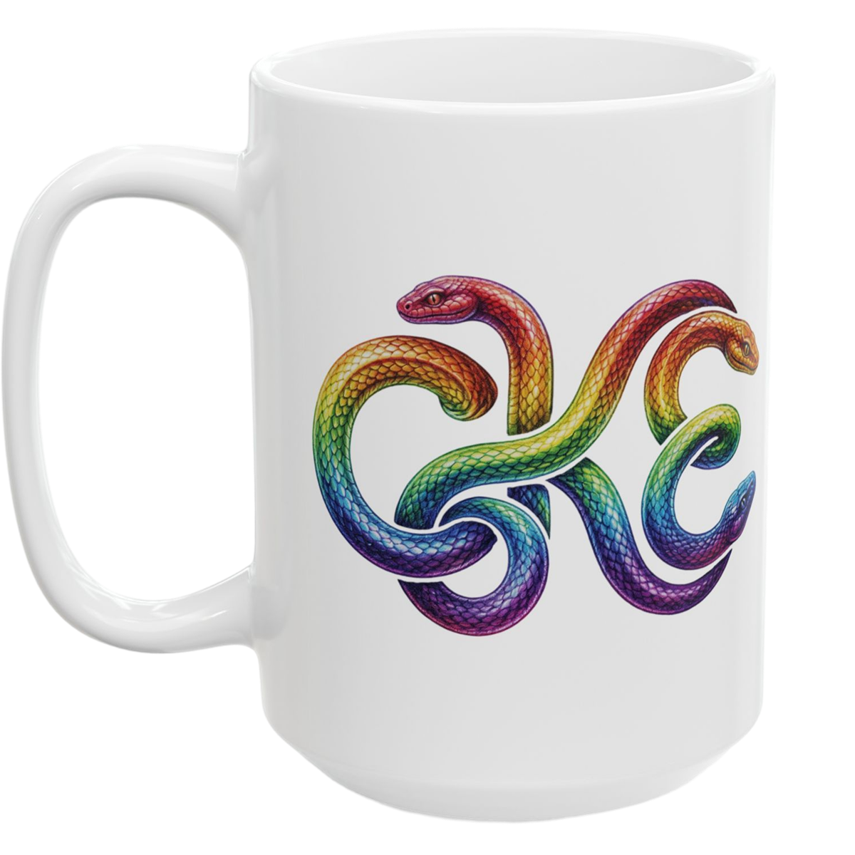 Colorful Rainbow Pride Medusa Ceramic Mug with vibrant serpent design and glossy finish.