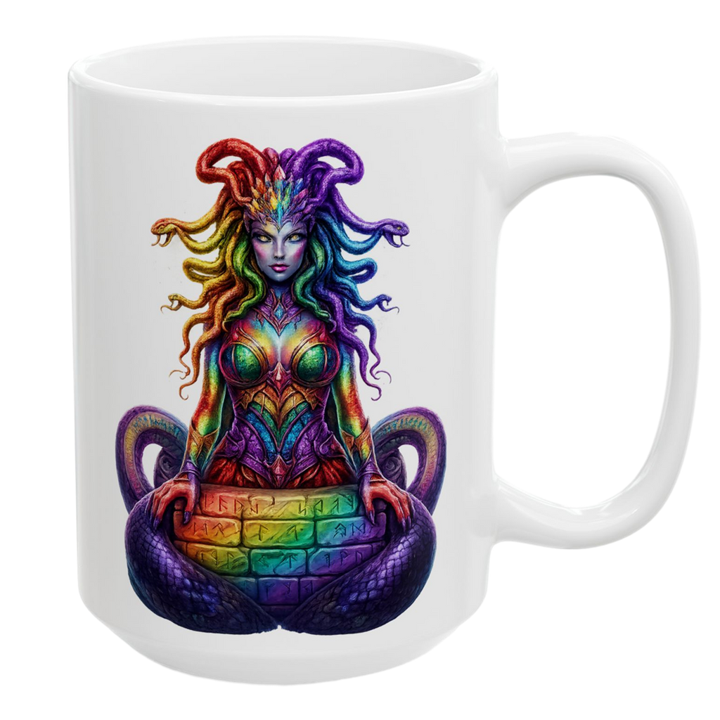 Intricate Medusa illustration with colorful serpents on a ceramic mug from Chaos Kitten Emporium.