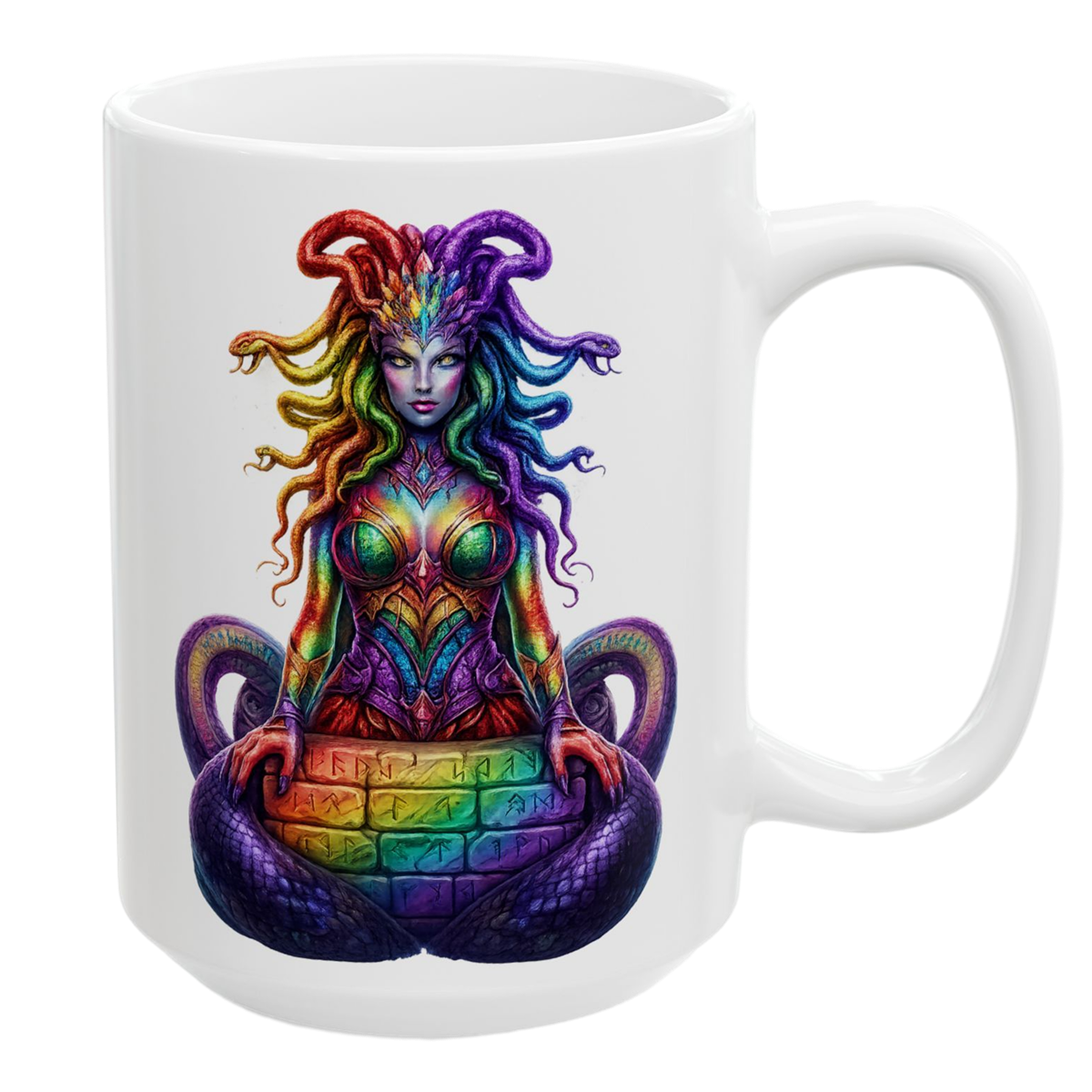 Intricate Medusa illustration with colorful serpents on a ceramic mug from Chaos Kitten Emporium.