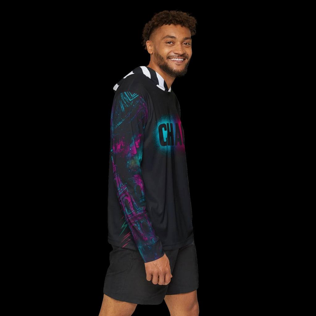 Neon Chaos Graphic Hoodie by Chaos Kitten Emporium with Rome Colosseum print on sleeves, all-over vibrant design from Printify.